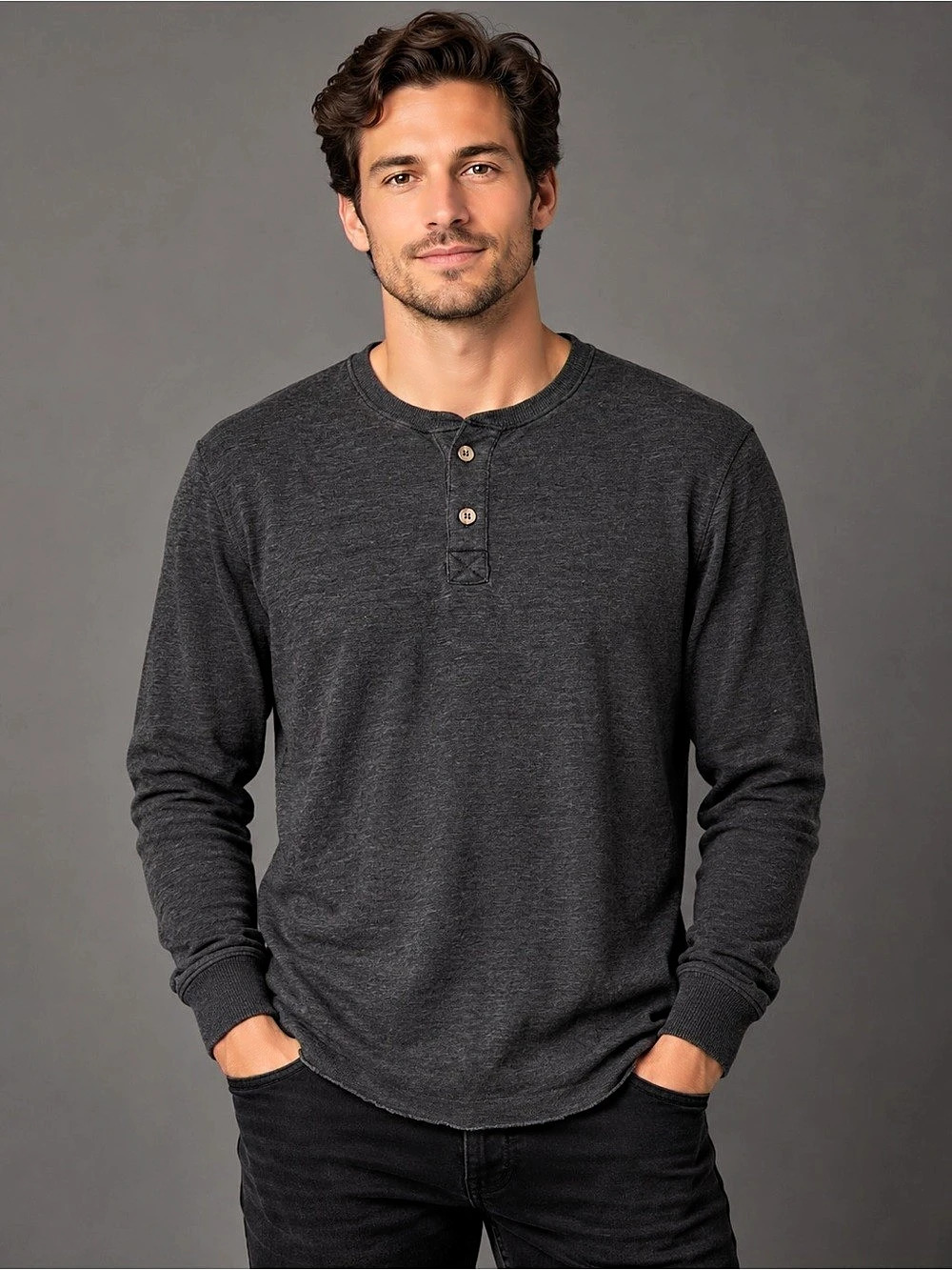 Marine Layer Double Knit Henley Men’s Large Charcoal Gray Long Sleeve Soft Shirt